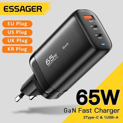 Essager 65W GaN USB C Fast Charger 3-Port Wall Charger Block For  MacBook, iPad, iPhone Series, Galaxy Series, Laptops, Game Consoles and More