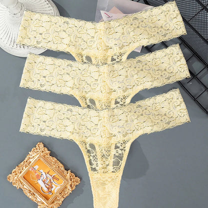 3PCS Set Lace Floral Thongs – Low Waist Transparent Panty for Women