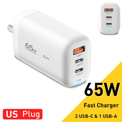 Essager 65W GaN USB C Fast Charger 3-Port Wall Charger Block For  MacBook, iPad, iPhone Series, Galaxy Series, Laptops, Game Consoles and More