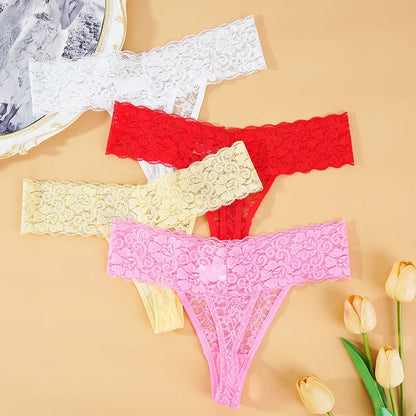 3PCS Set Lace Floral Thongs – Low Waist Transparent Panty for Women