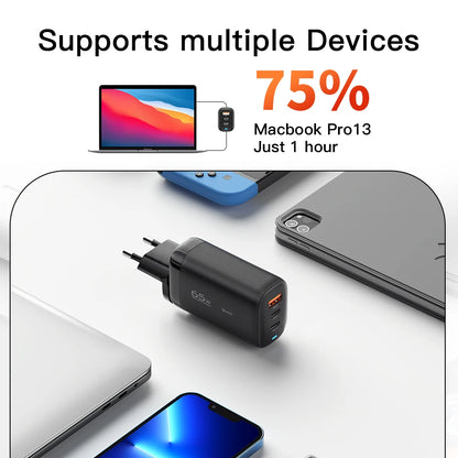Essager 65W GaN USB C Fast Charger 3-Port Wall Charger Block For  MacBook, iPad, iPhone Series, Galaxy Series, Laptops, Game Consoles and More