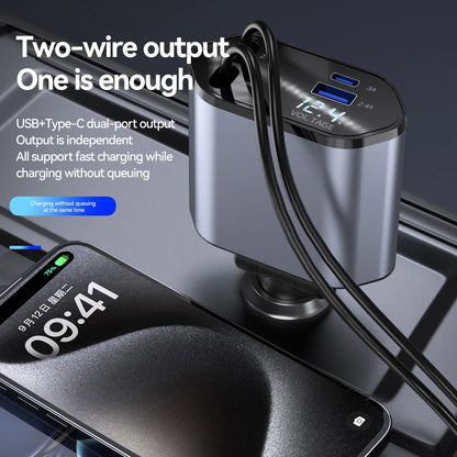 100W 4-in-1 Retractable Car Charger – Fast USB Type-C Cable for iPhone & Samsung