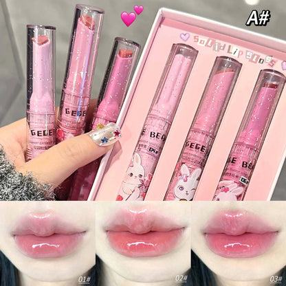 🐰💖 Gege Bear Pink Rabbit Solid Lip Gloss 3pc Set  – Hydrating & Tender Lip Balm for Soft Lips