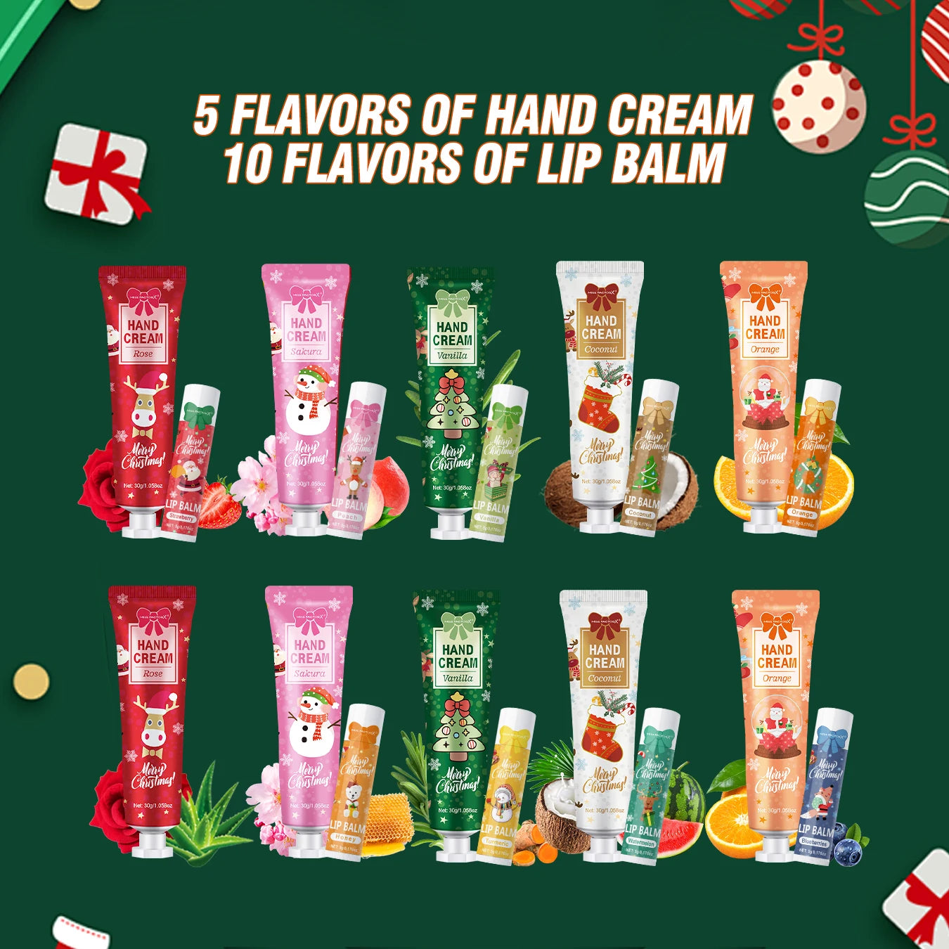 🎁 10PCS Christmas Hand Cream & Lip Balm Set – Perfect Party Gift with Santa Card 🎀