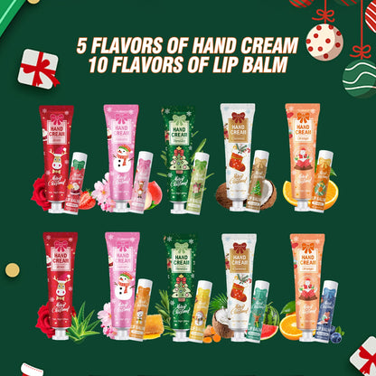 🎁 10PCS Christmas Hand Cream & Lip Balm Set – Perfect Party Gift with Santa Card 🎀