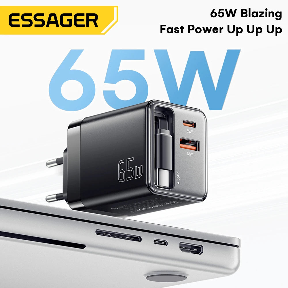 Essager 65W GaN  USB C  Fast Charger with Retractable Cable for Laptop, MacBook, iPhone, Xiaomi