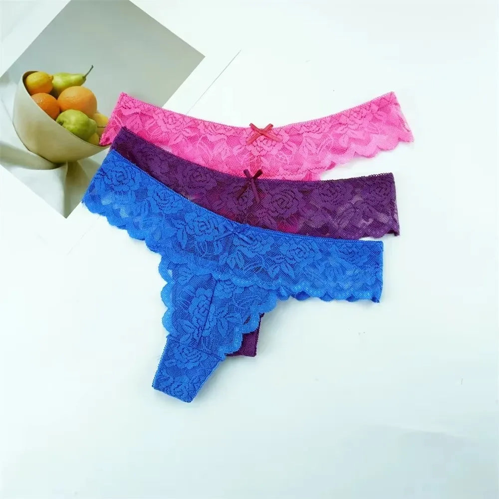 3PCS Set Lace Thong – Low Waist Transparent G-String Panty for Women