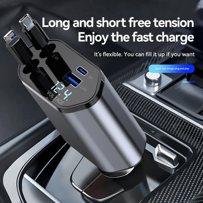 100W 4-in-1 Retractable Car Charger – Fast USB Type-C Cable for iPhone & Samsung