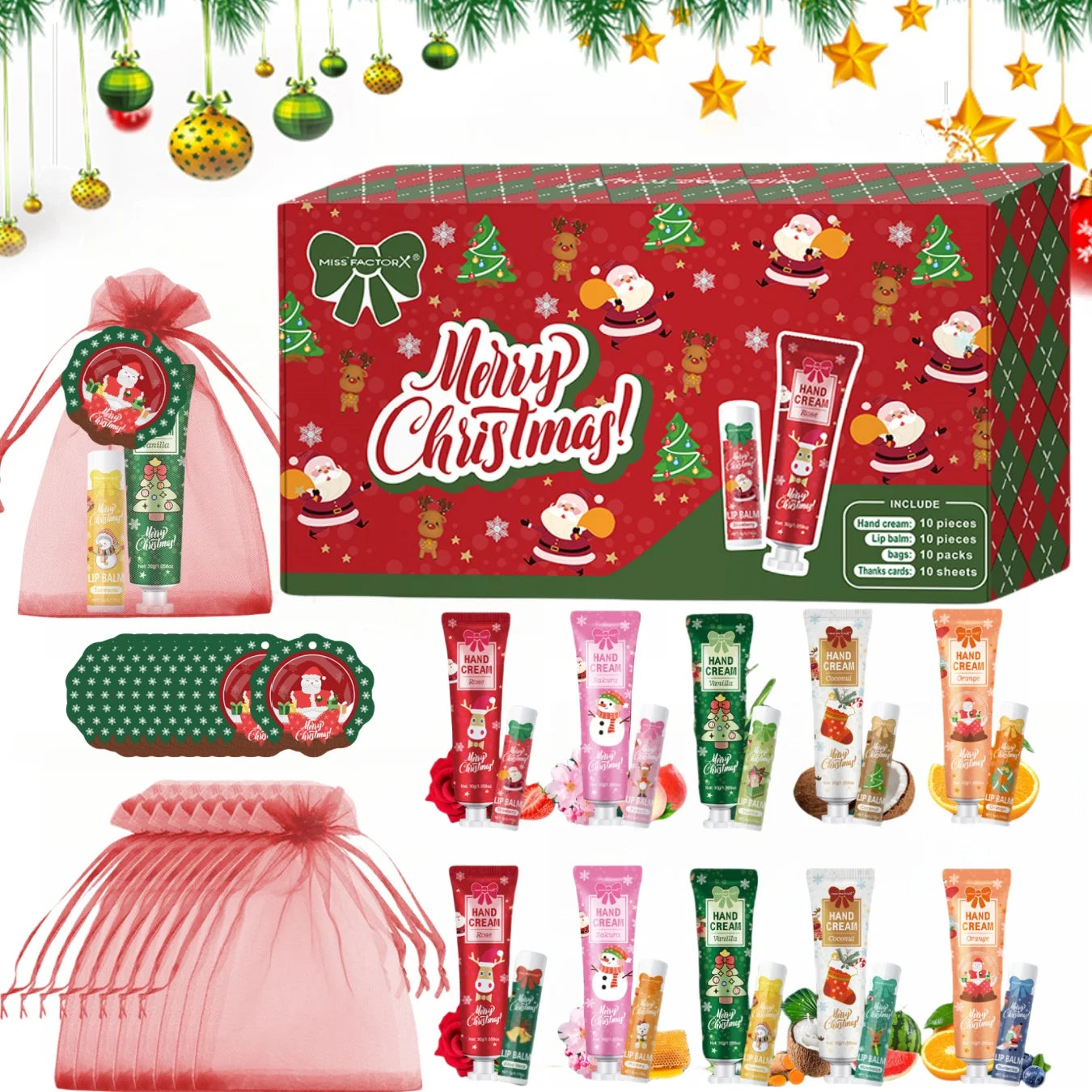 🎁 10PCS Christmas Hand Cream & Lip Balm Set – Perfect Party Gift with Santa Card 🎀