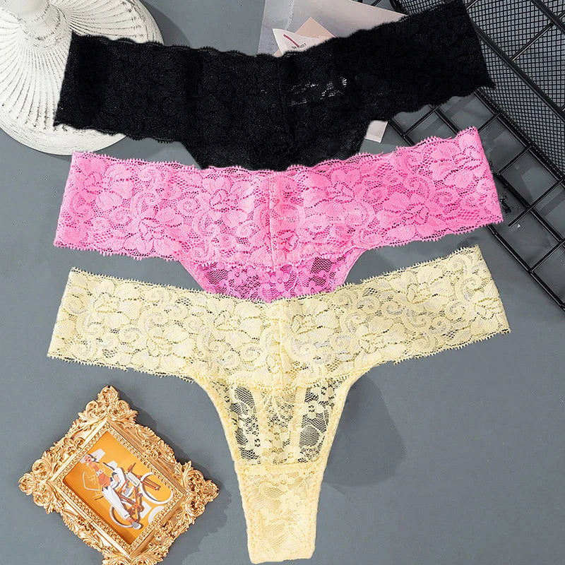 3PCS Set Lace Floral Thongs – Low Waist Transparent Panty for Women