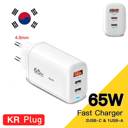 Essager 65W GaN USB C Fast Charger 3-Port Wall Charger Block For  MacBook, iPad, iPhone Series, Galaxy Series, Laptops, Game Consoles and More