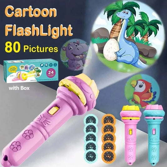 Cartoon Projector Flashlight  Torch - 10 Cards With 80 Patterns Storytelling Toy for Kids