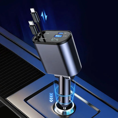 100W 4-in-1 Retractable Car Charger – Fast USB Type-C Cable for iPhone & Samsung