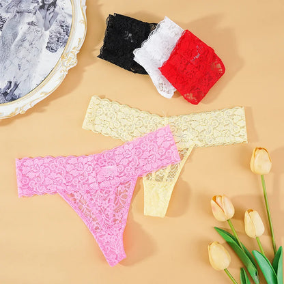 3PCS Set Lace Floral Thongs – Low Waist Transparent Panty for Women