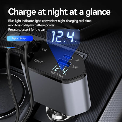 100W 4-in-1 Retractable Car Charger – Fast USB Type-C Cable for iPhone & Samsung