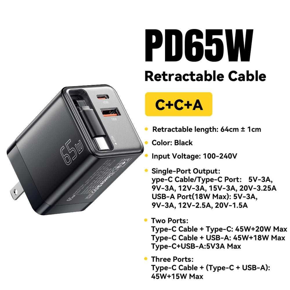 Essager 65W GaN  USB C  Fast Charger with Retractable Cable for Laptop, MacBook, iPhone, Xiaomi