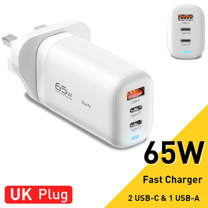 Essager 65W GaN USB C Fast Charger 3-Port Wall Charger Block For  MacBook, iPad, iPhone Series, Galaxy Series, Laptops, Game Consoles and More