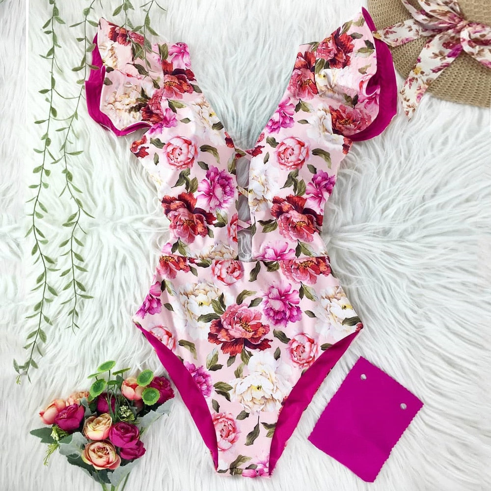 Sexy Floral Ruffle One Piece Swimsuit