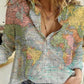 World Map Print Shirt Lady Long Sleeve Blouse Top