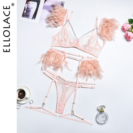 Feather Sensual Sexy Transparent Lace Bra  3 Piece Lingerie Set