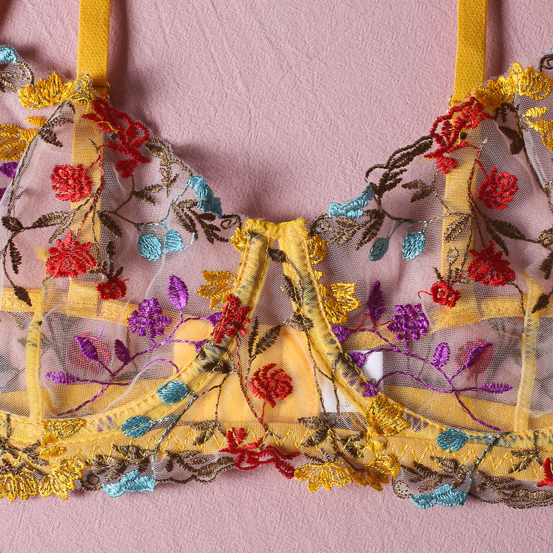 Sensual Lace  Transparent Embroidery 3-Piece Lingerie Set