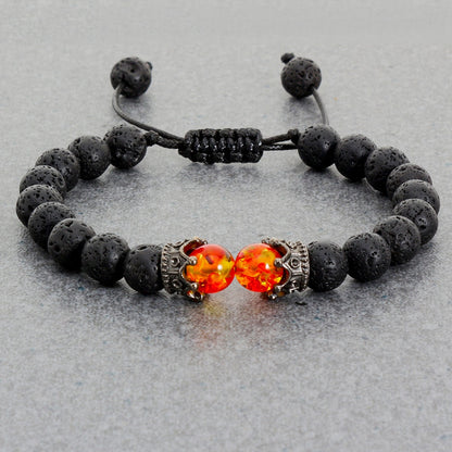 Black Lava Stone Crown Charm Tiger Eye Beads Bracelet