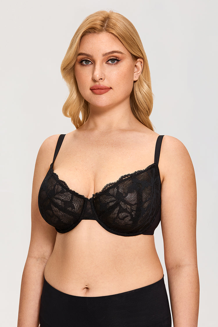 Plus Size  Lace Sheer See Through Sexy Push Up Unlined Underwire Balconette Bra