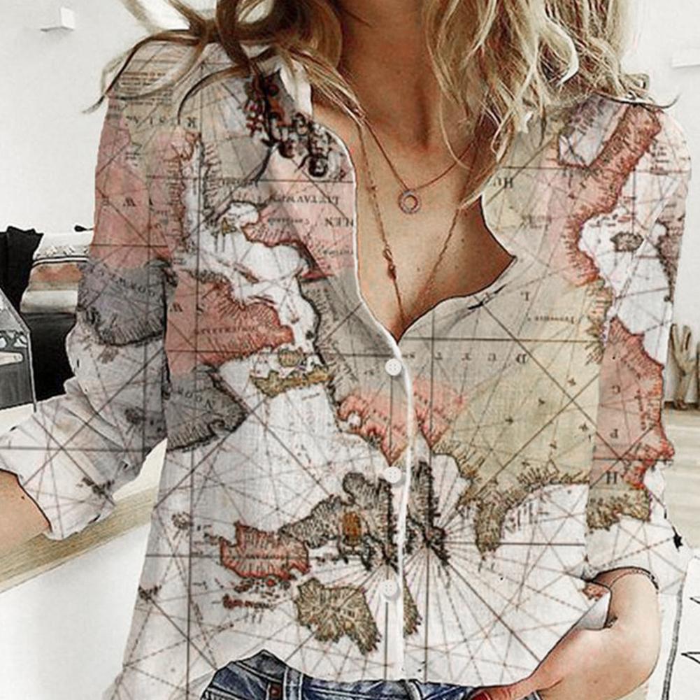 World Map Print Shirt Lady Long Sleeve Blouse Top