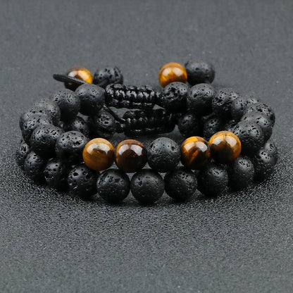 Black Lava Stone Crown Charm Tiger Eye Beads Bracelet