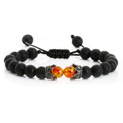 Black Lava Stone Crown Charm Tiger Eye Beads Bracelet