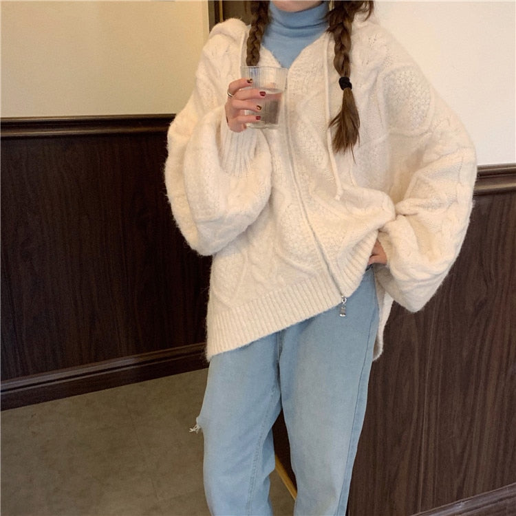 Oversize Knitted Cardigan Hooded Twist Sweater Zipper Long Sleeve Crochet Outerwear