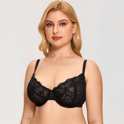 Plus Size  Lace Sheer See Through Sexy Push Up Unlined Underwire Balconette Bra