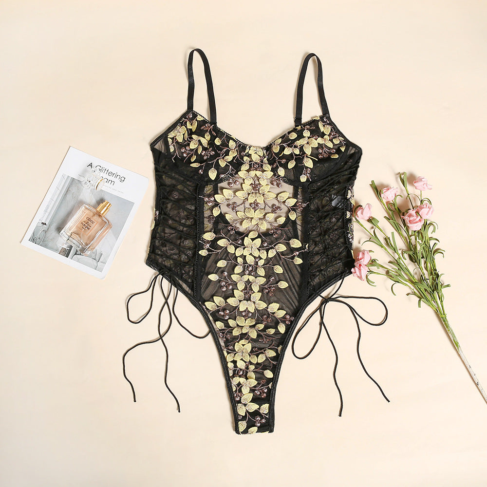 Floral Embroidery Lace Up Bodysuit
