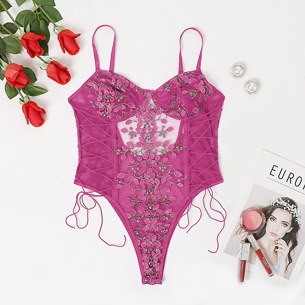 Floral Embroidery Lace Up Bodysuit