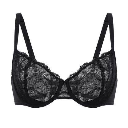 Plus Size  Lace Sheer See Through Sexy Push Up Unlined Underwire Balconette Bra