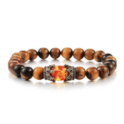 Black Lava Stone Crown Charm Tiger Eye Beads Bracelet