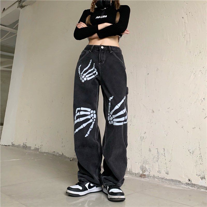 Harajuku Skull White Bone Fashion Jeans