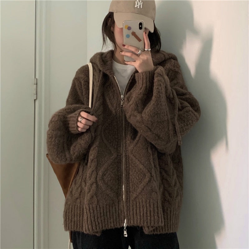 Oversize Knitted Cardigan Hooded Twist Sweater Zipper Long Sleeve Crochet Outerwear