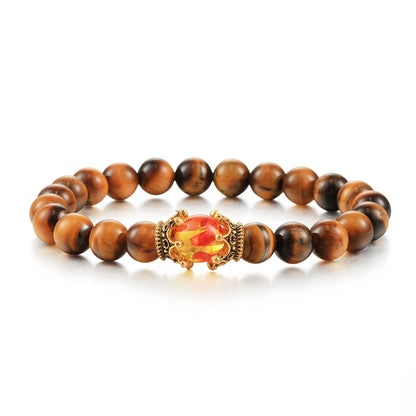 Black Lava Stone Crown Charm Tiger Eye Beads Bracelet