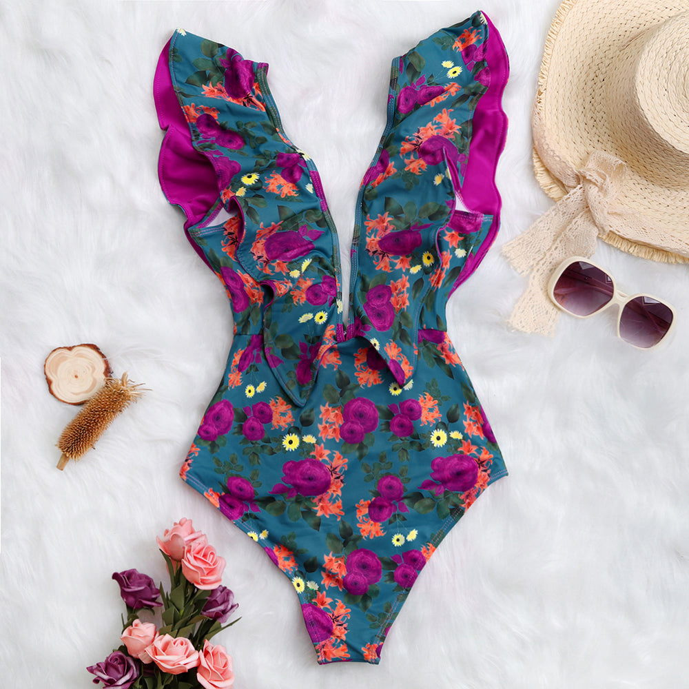 Sexy Floral Ruffle One Piece Swimsuit