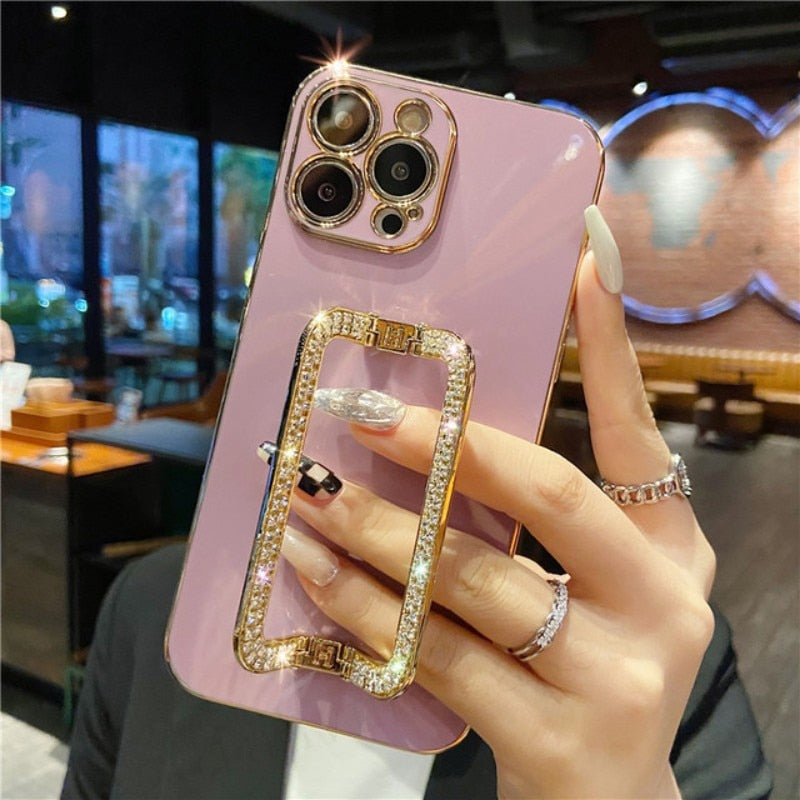 3D Crystal Square Holder Gold Plating iPhone Case 13 / 13 Mini / 13Pro / 13 Pro Max