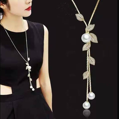 Simulated Pearl Crystal Leaf Necklaces