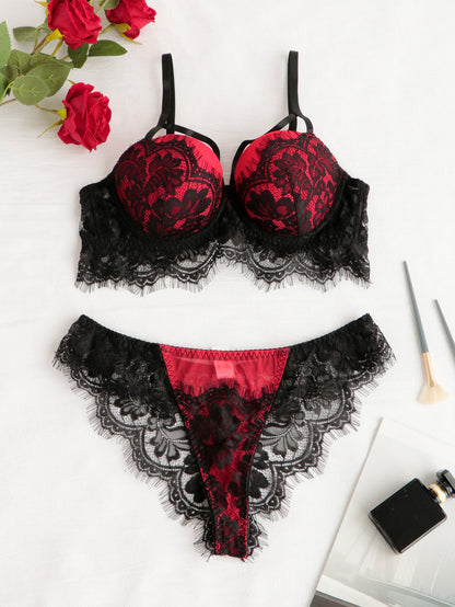 Valentine Day Black Red Lace Padded Push Up Bras 2 Piece Set