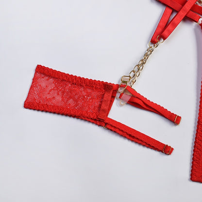 Valentine Day Red Feather  Fetish Fancy Underwear Uncensored Luxury Bra With Chain Bilizna Intimate Lingerie Set