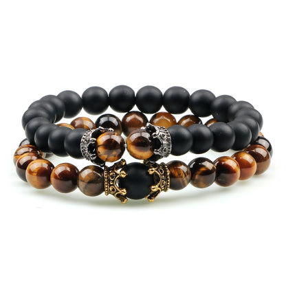 Black Lava Stone Crown Charm Tiger Eye Beads Bracelet