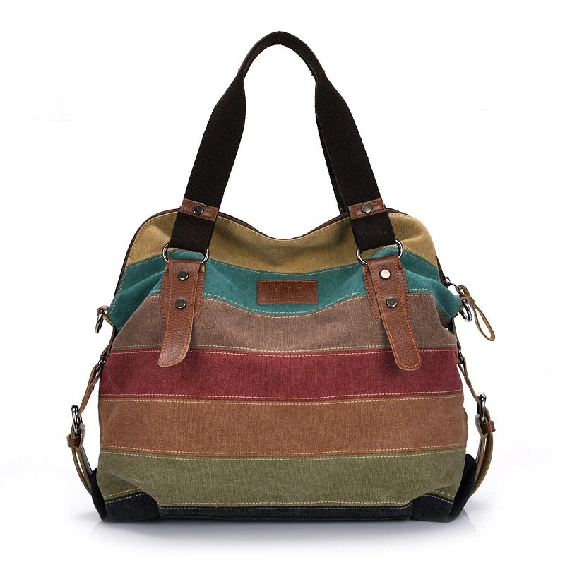 Rainbow Striped Patchwork Canvas Handbag