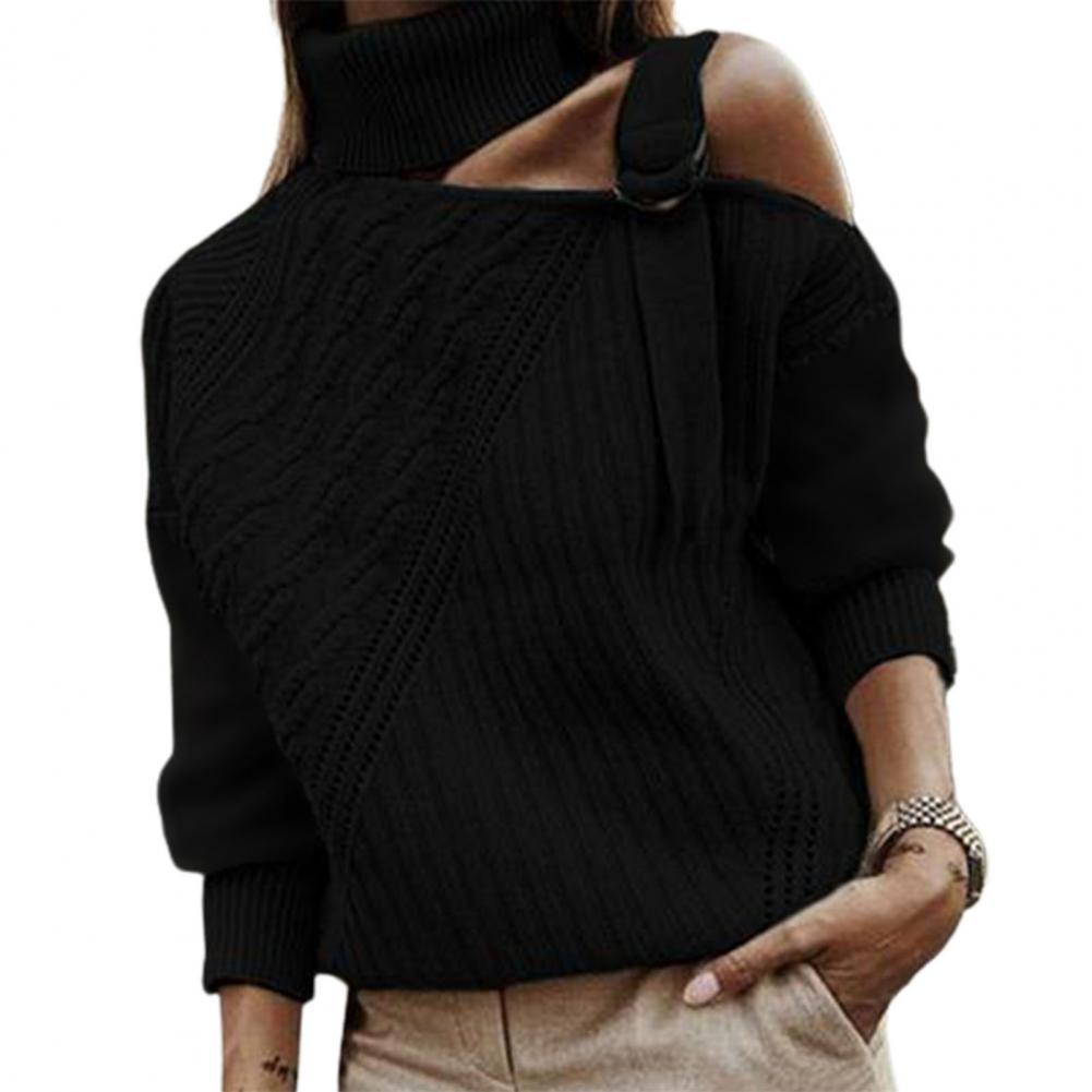 Off Shoulder Turtleneck Knitted Sweater Adjustable Buckle Twist Decor Long Sleeve  Pullover Sweater