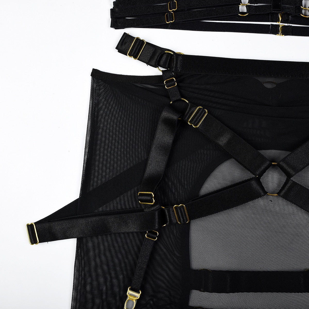 Fetish Lingerie G-String Thong Luxury Underwear Cutting 5-Piece Garter Exotic Bilizna Set