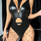 Gothic Leather Bodysuit Tight Top With Fishnet Stocking 4-Piece Set