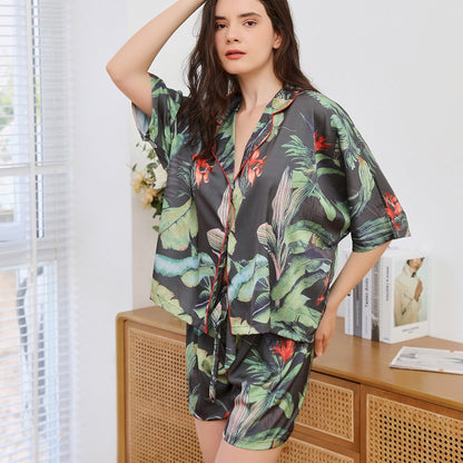 Tropical Plants Print Loose Top Pajamas Set Sleepwear